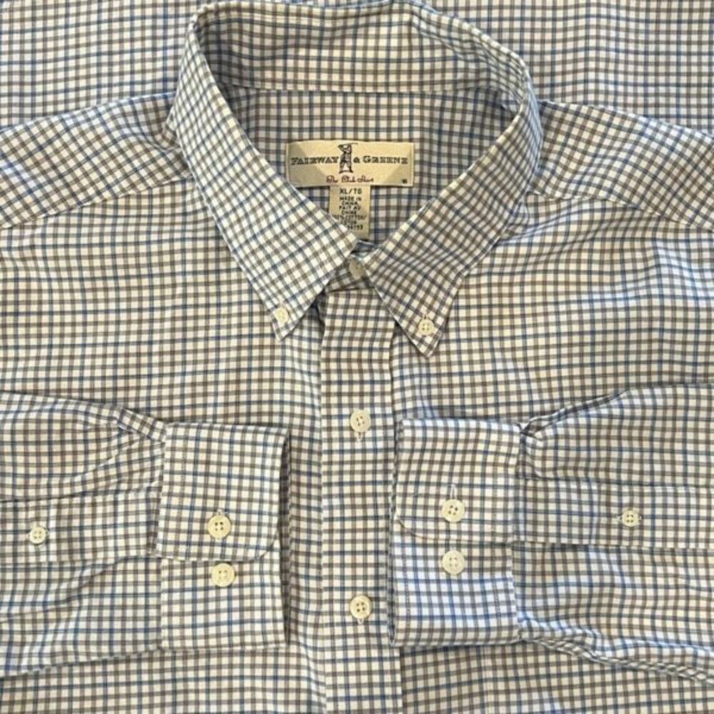 Fairway & Greene Men's Micro Check Button Down Shirt Blue White Size XL